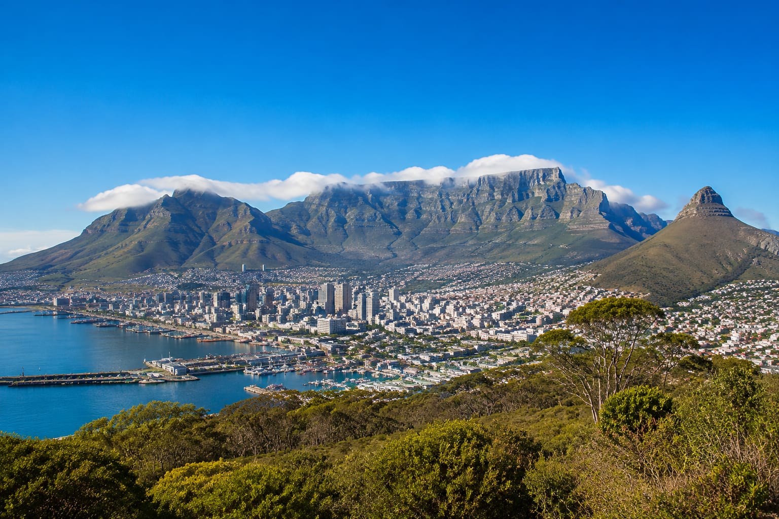 Cape Town city and harbour beneath Table Mountain